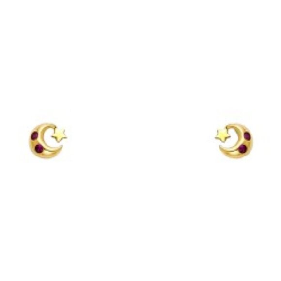 14K Yellow Gold Moon Star CZ stud Earrings pink